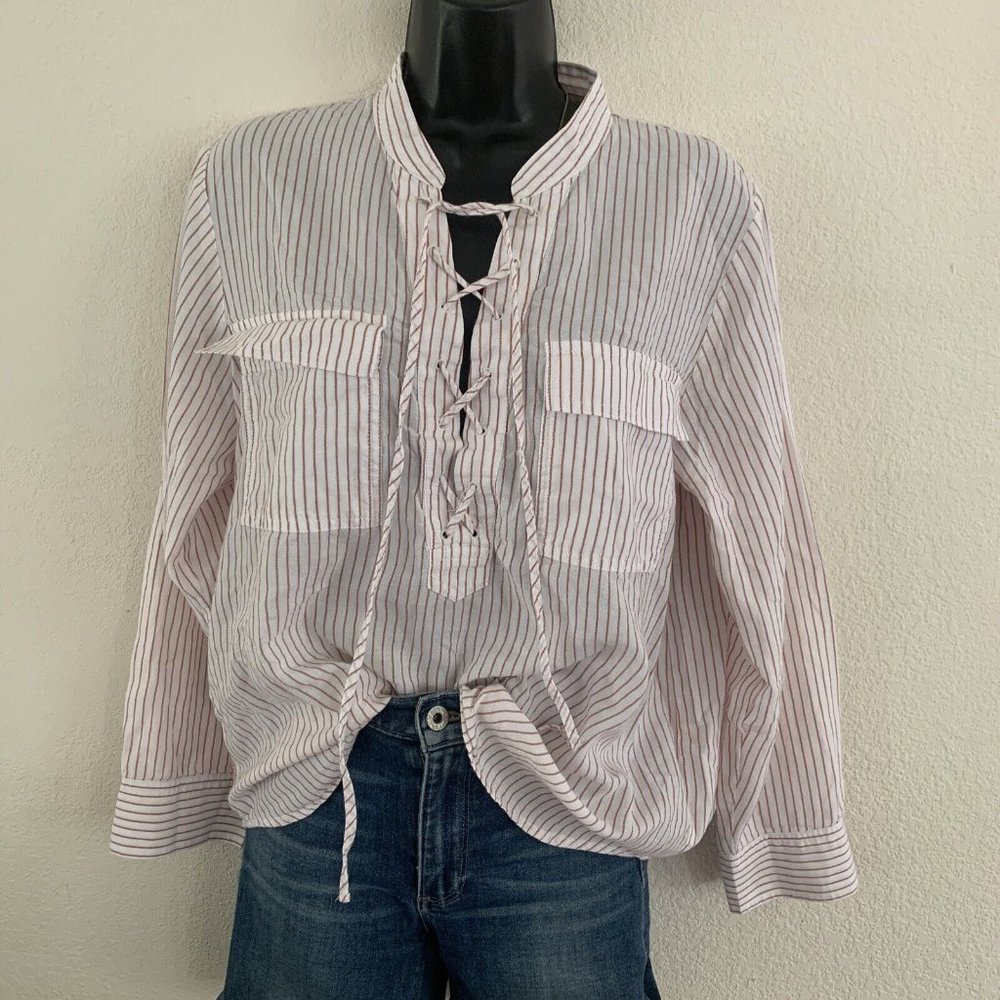 MADEWELL Top L White Red Striped Terrace Lace-Up Long Sleeve Fairy Pesant Boho